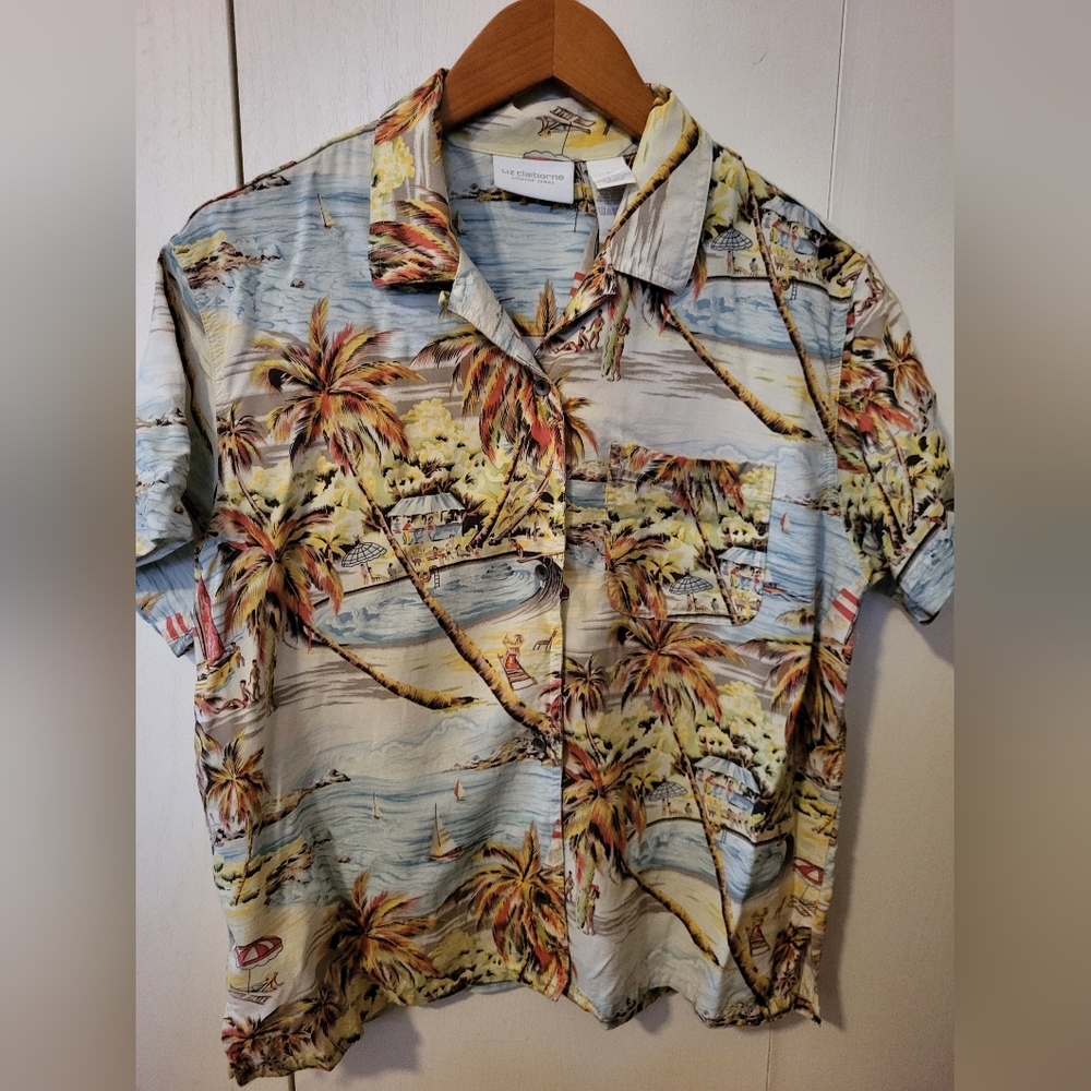 Liz Claiborne Beach Palm Tree Short Sleeve Shirt Sz L